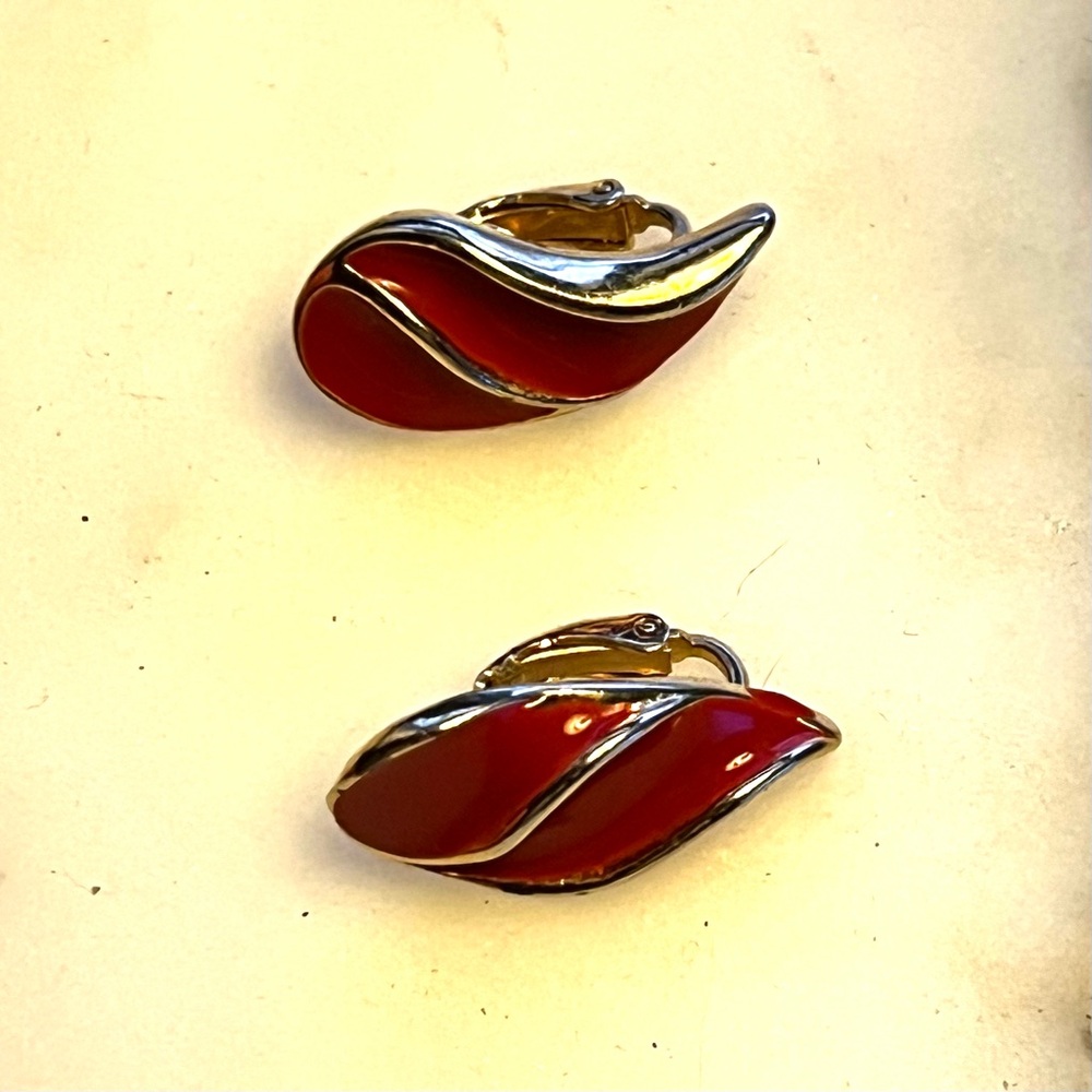 Vintage Red Enamel and Gold Leaf Earrings Clip On